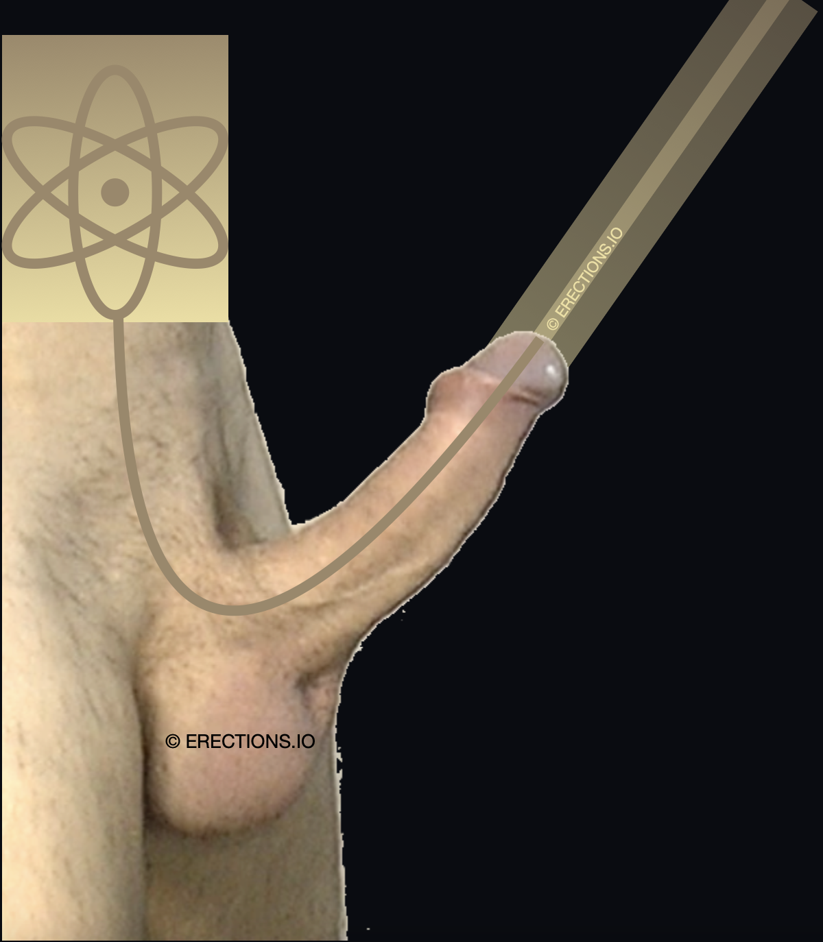 An erect penis sticking out from body with overlay of energy flow to signify erection control