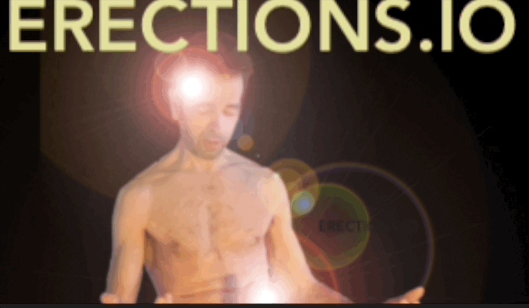 animated image of naked man looking at erection that is obscured with bright light flare - also bright light flare on his head to indicate mind training