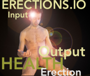 naked man looking at erection that is obscured with bright light flare - also bright light flare on his head to indicate mind training