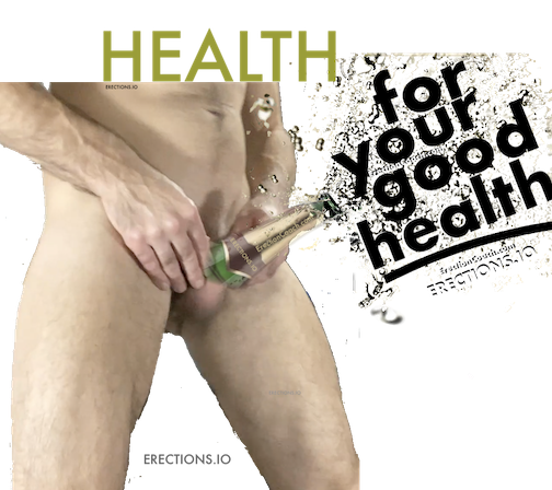 view from knees to navel of naked man with fizzing champagne bottle covering his erection with "for your good health' text in bubbles