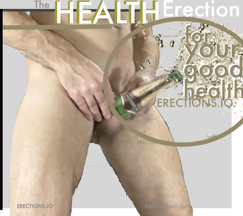 view from knees to navel of naked man with fizzing champagne bottle covering his erection