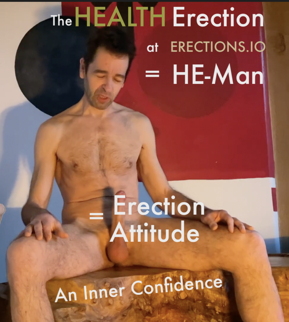 a naked man looking down at his erect penis pointing up, but partially obscured tith text.