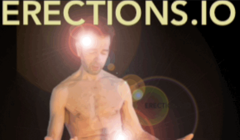 animated image of naked man looking at his erection that is obscured with bright light flare - but visible from shadow - also bright light flare on his head to indicate mind training